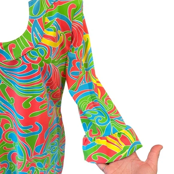 KATHERINE WAY BOLD MOD LONG SLEEVE SUMMER DRESS BOLD COLORFUL PRINT 1960s 1970s - Picture 7 of 13